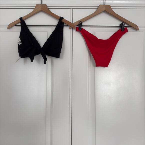 Aerie Bikini Swimsuit Triangle Top Tie Back Cheeky Bottom Black Red Bra Padding - Picture 2 of 16